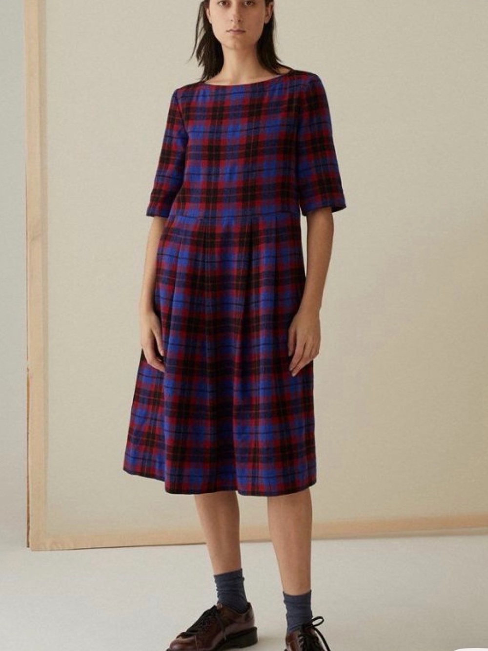 Toast UK Plaid Midi Dress plaid wool with mending size US10-UK14